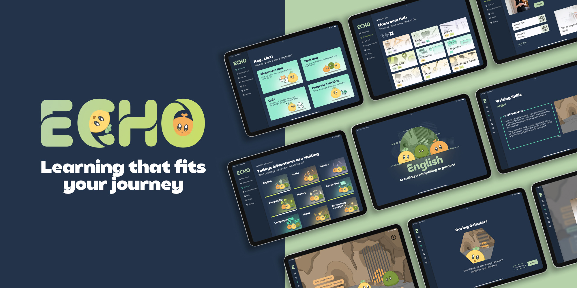 Images of prototype screens with the brand name Echo and tagline learning that fits your journey