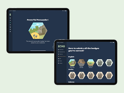 prototype screens showing reward badges