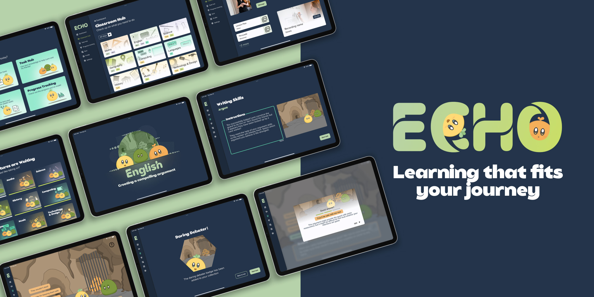 Images of prototype screens with the brand name Echo and tagline learning that fits your journey
