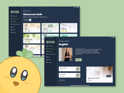 example screens of the classroom hub, with the main character Lemi peeking in the corner